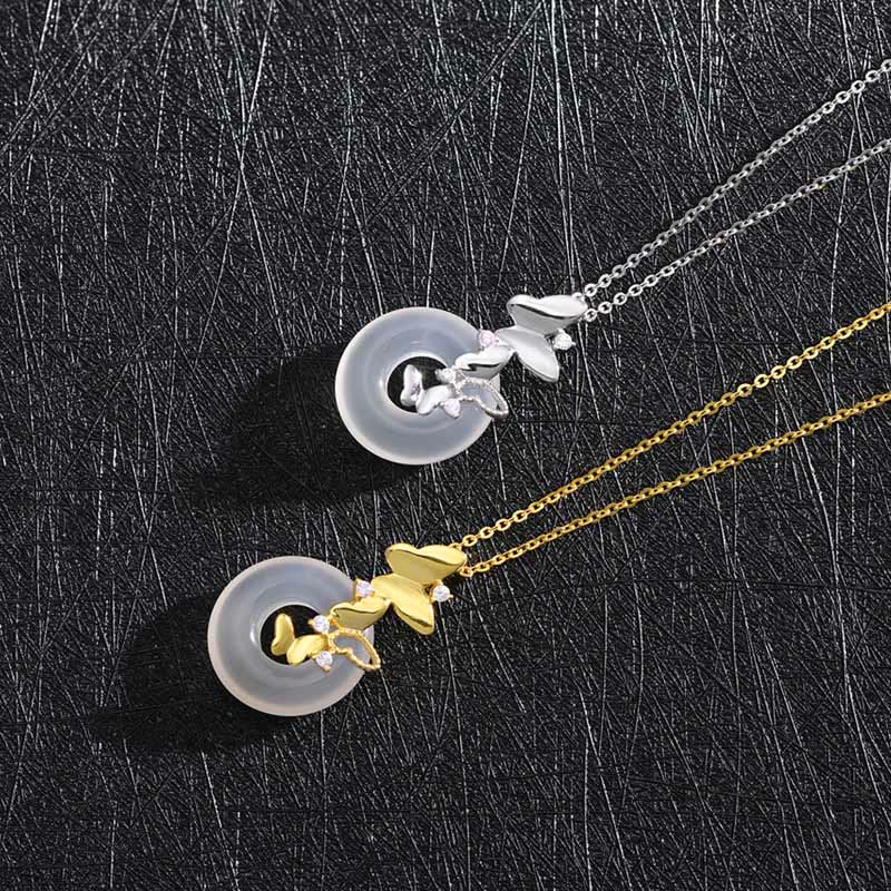 925 Silver Butterfly Chalcedony Pendant Necklace
