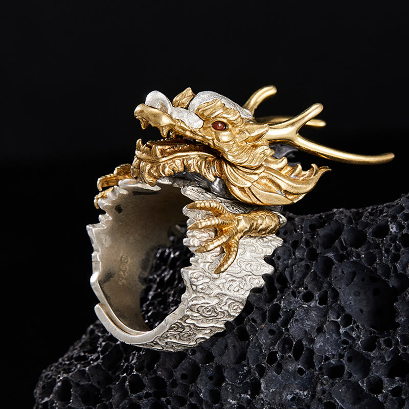 925 Sterling Silver Adjustable Dragon Protection Success Ring