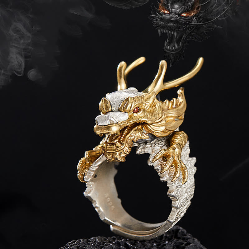 925 Sterling Silver Adjustable Dragon Protection Success Ring