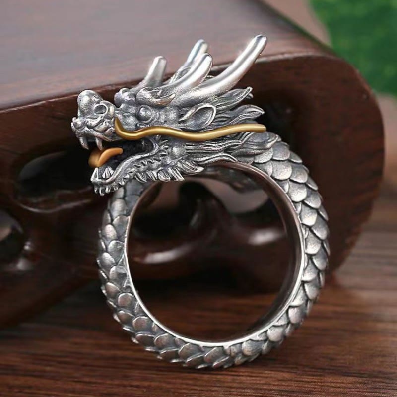925 Sterling Silver Adjustable Dragon Ring for Protection & Strength