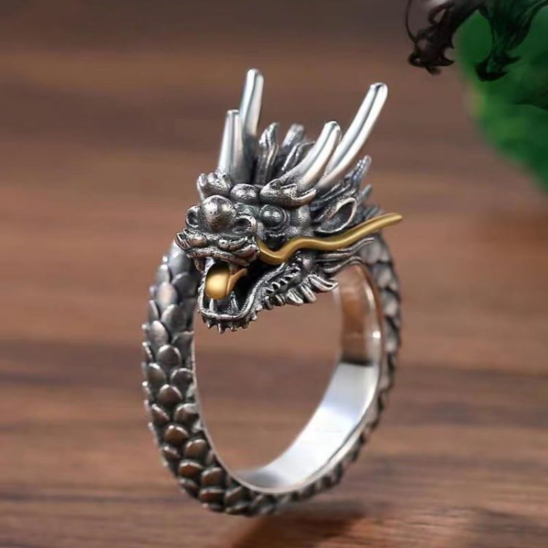 925 Sterling Silver Adjustable Dragon Ring for Protection & Strength