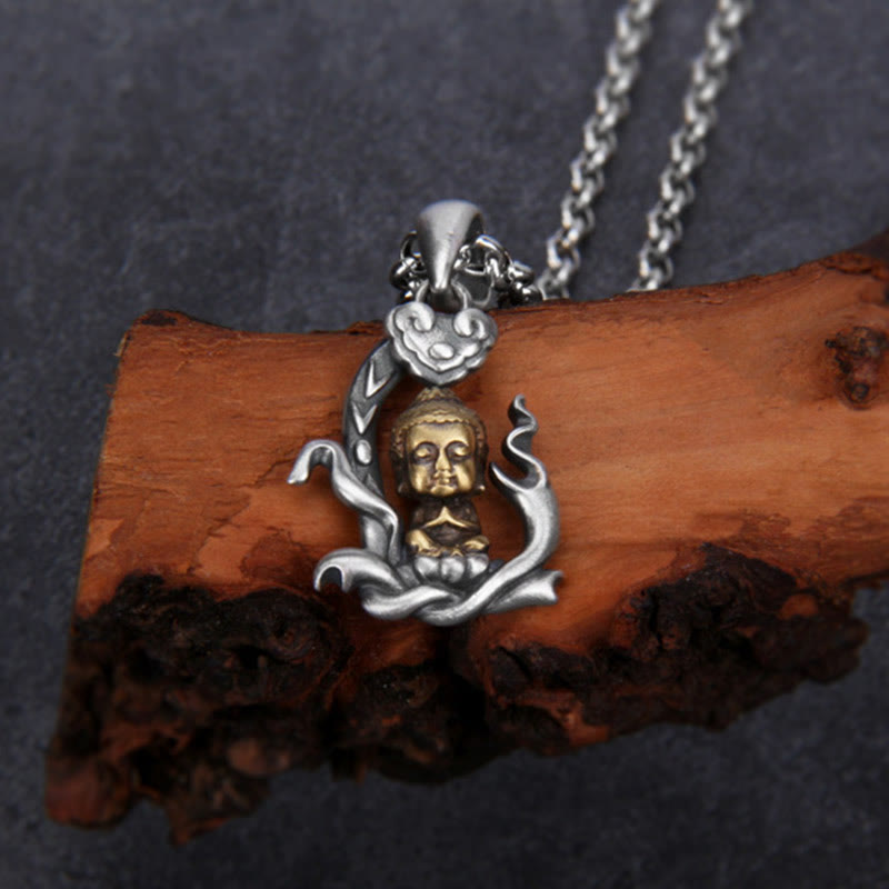 925 Sterling Silver Buddha Necklace with Ruyi Handle for Compassion