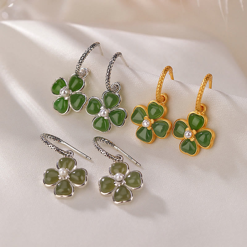 925 Sterling Silver Cyan Jade Four Leaf Clover Luck Earrings