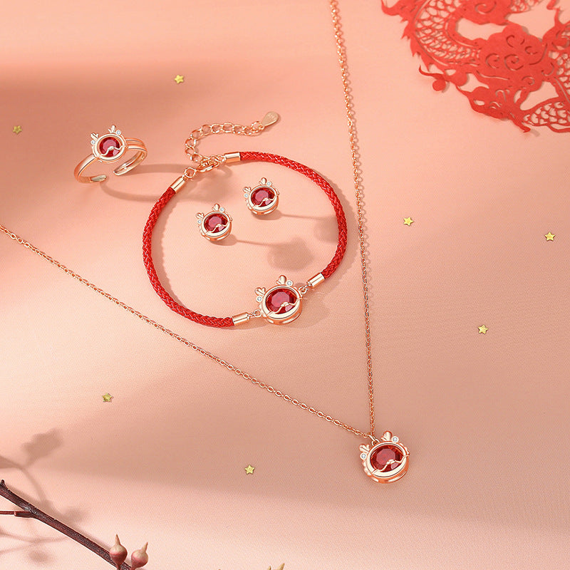 925 Sterling Silver Dragon Necklace with Red Zircon for Luck