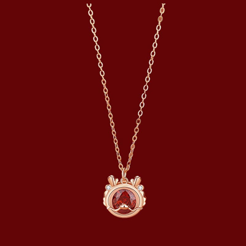 925 Sterling Silver Dragon Necklace with Red Zircon for Luck