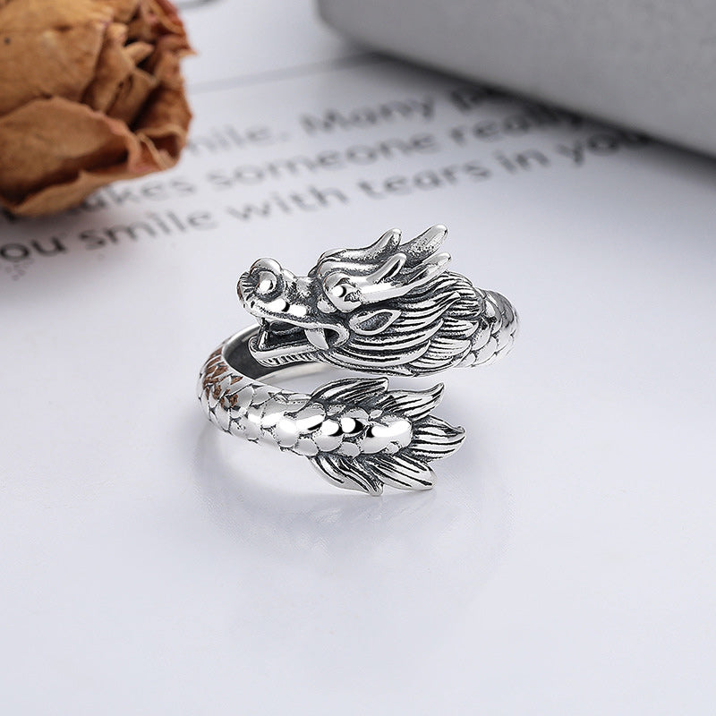 925 Sterling Silver Dragon Strength Ring | Adjustable Luck Band