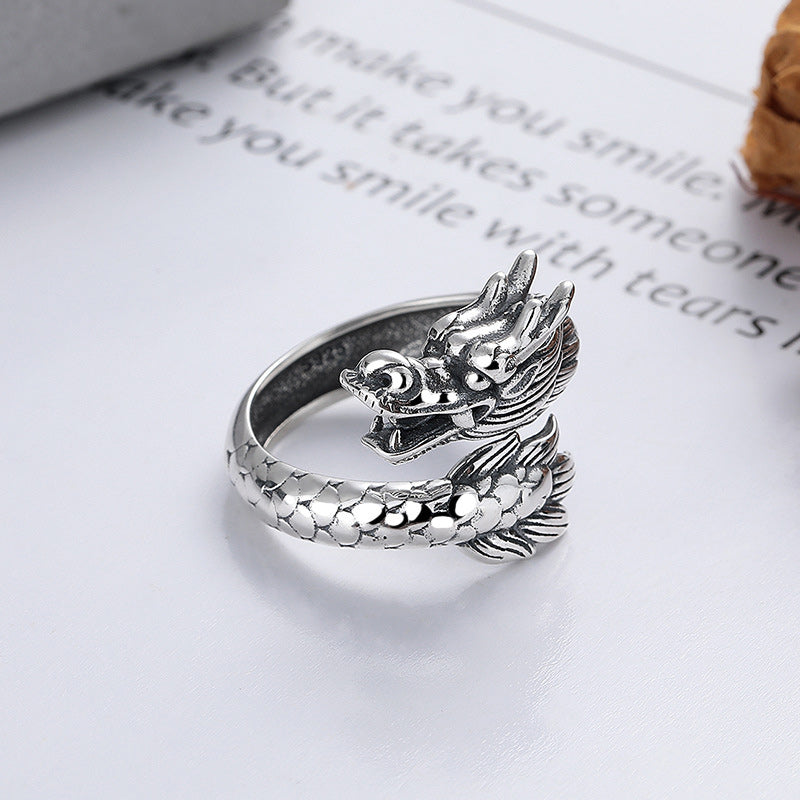 925 Sterling Silver Dragon Strength Ring | Adjustable Luck Band