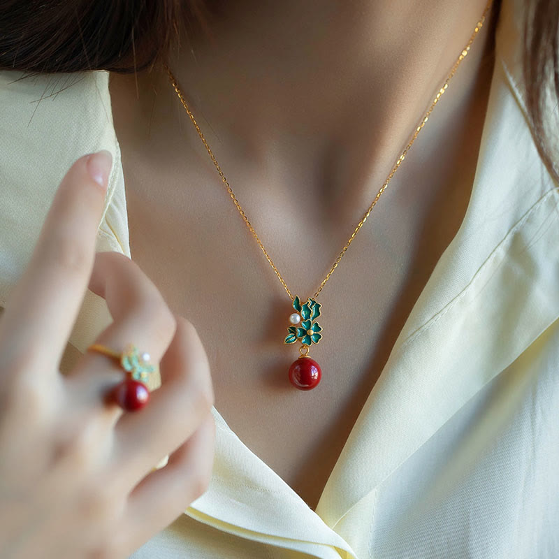 925 Sterling Silver Gold Cinnabar Pearl Blessing Necklace Set