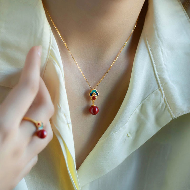 925 Sterling Silver Gold Cinnabar Red Agate Blessing Necklace Ring Earrings Set