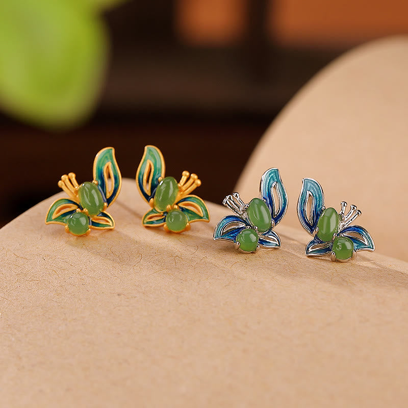 925 Sterling Silver Gold Plated Cyan Jade Butterfly Earrings