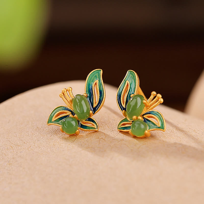 925 Sterling Silver Gold Plated Cyan Jade Butterfly Earrings