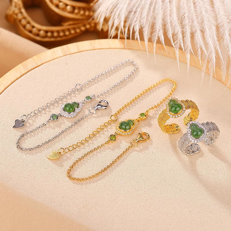 925 Sterling Silver Gold Plated Hetian Jade Gourd Set