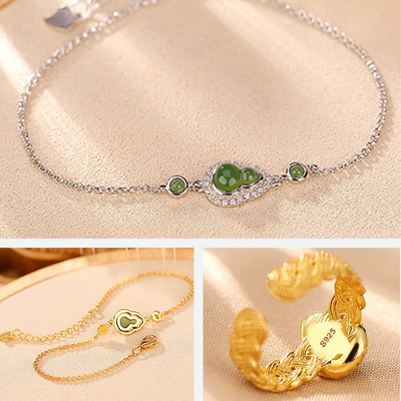 925 Sterling Silver Gold Plated Hetian Jade Gourd Set