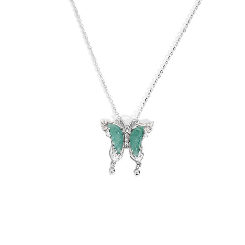 925 Sterling Silver Green Jade Butterfly Luck Necklace