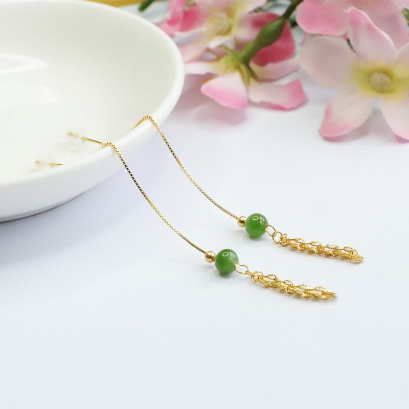 925 Sterling Silver Hetian Cyan Jade Drop Earrings for Luck