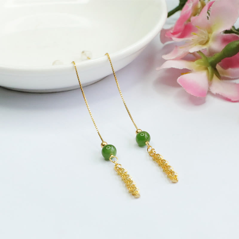925 Sterling Silver Hetian Cyan Jade Drop Earrings for Luck