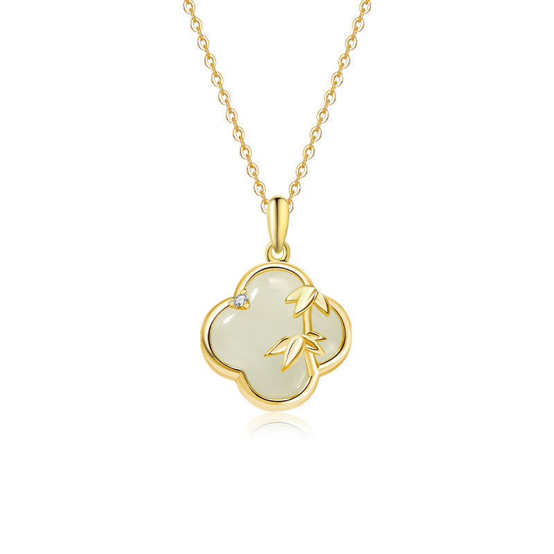 925 Sterling Silver Hetian Jade Four Leaf Clover Bamboo Necklace