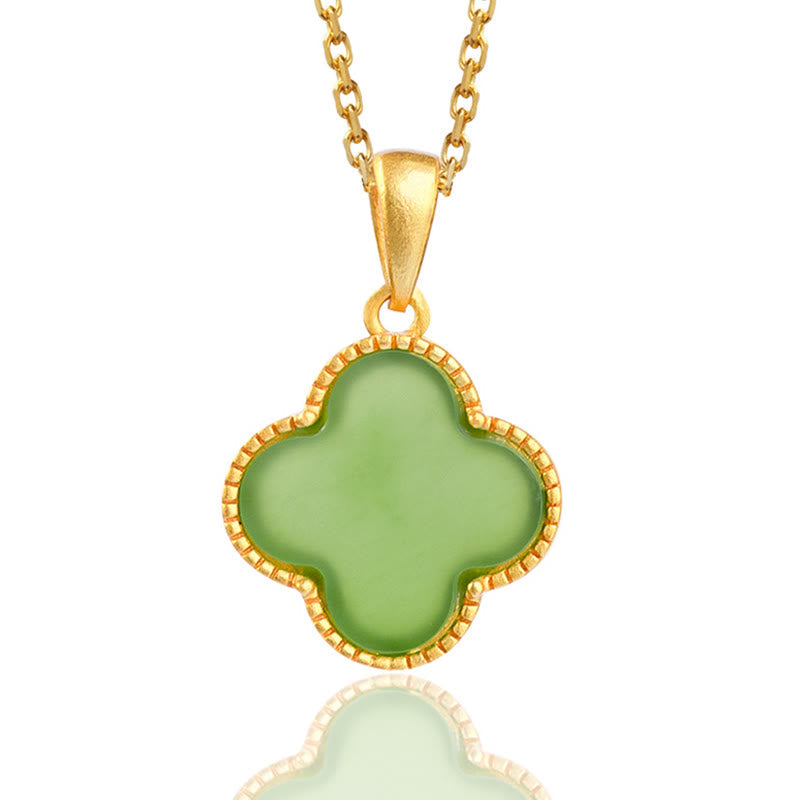 925 Sterling Silver Hetian Jade Luck Four Leaf Clover Necklace