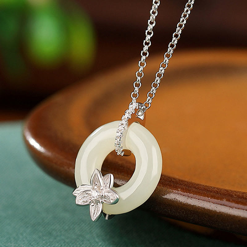 925 Sterling Silver Hetian Jade Peace Buckle Flower Luck Necklace