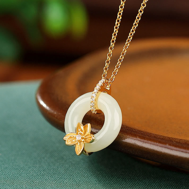 925 Sterling Silver Hetian Jade Peace Buckle Flower Luck Necklace