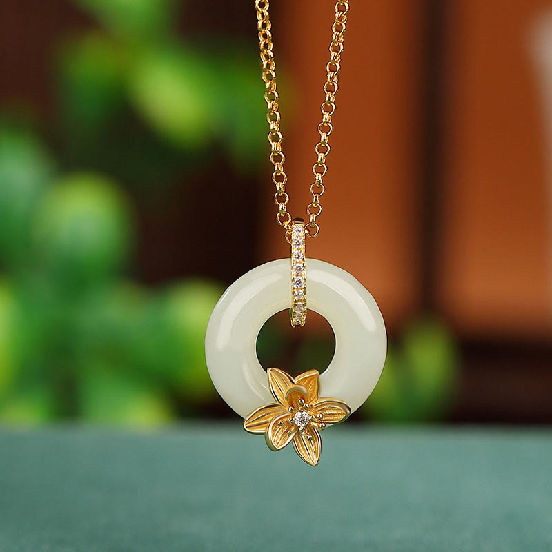 925 Sterling Silver Hetian Jade Peace Buckle Flower Luck Necklace