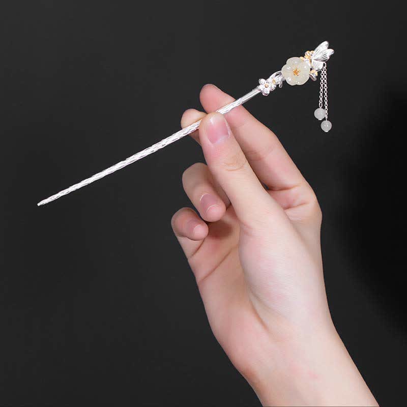 925 Sterling Silver Hetian White Jade Flower Blessing Chinese Hairpin