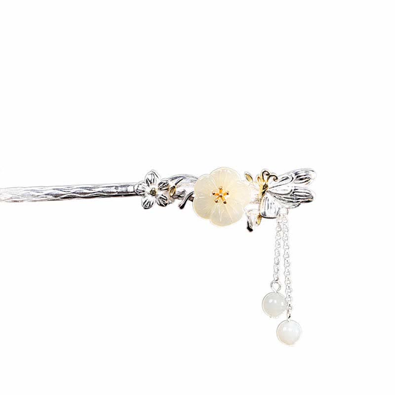 925 Sterling Silver Hetian White Jade Flower Blessing Chinese Hairpin