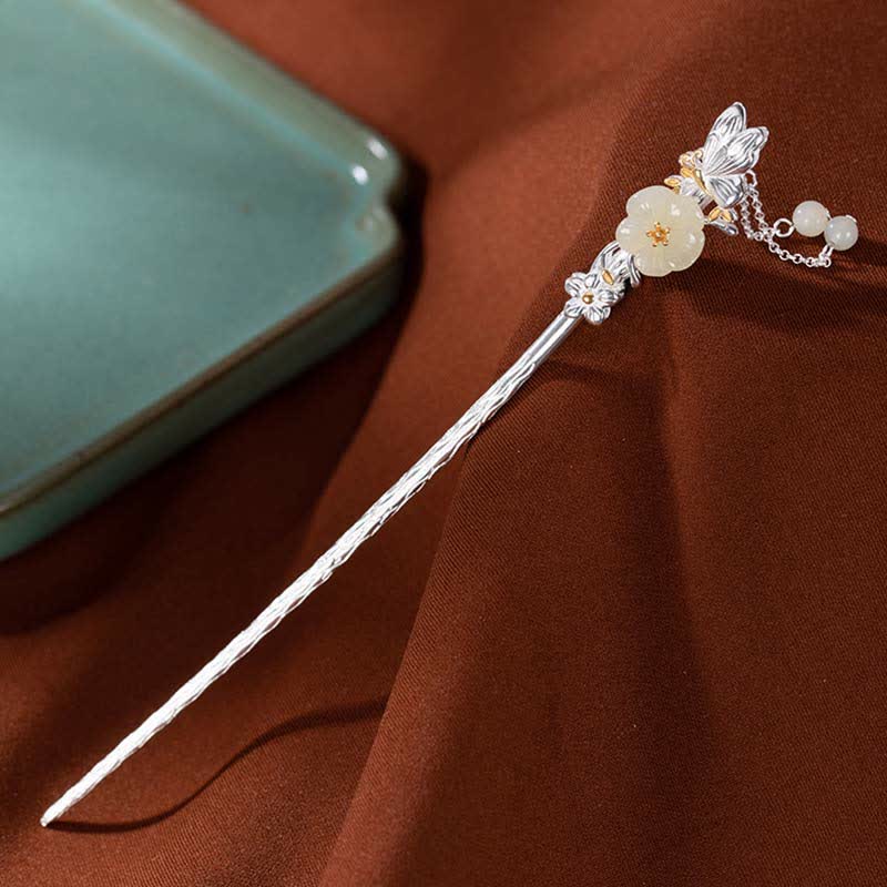 925 Sterling Silver Hetian White Jade Flower Blessing Chinese Hairpin