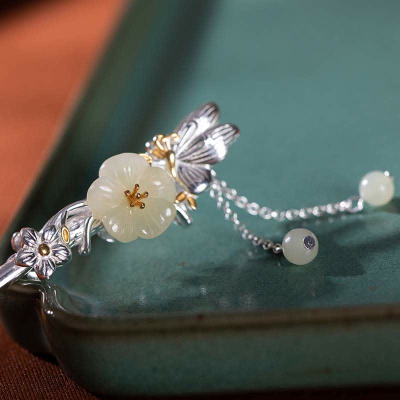 925 Sterling Silver Hetian White Jade Flower Blessing Chinese Hairpin