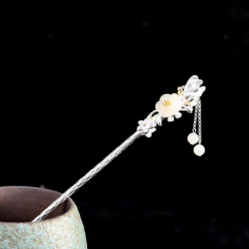 925 Sterling Silver Hetian White Jade Flower Blessing Chinese Hairpin