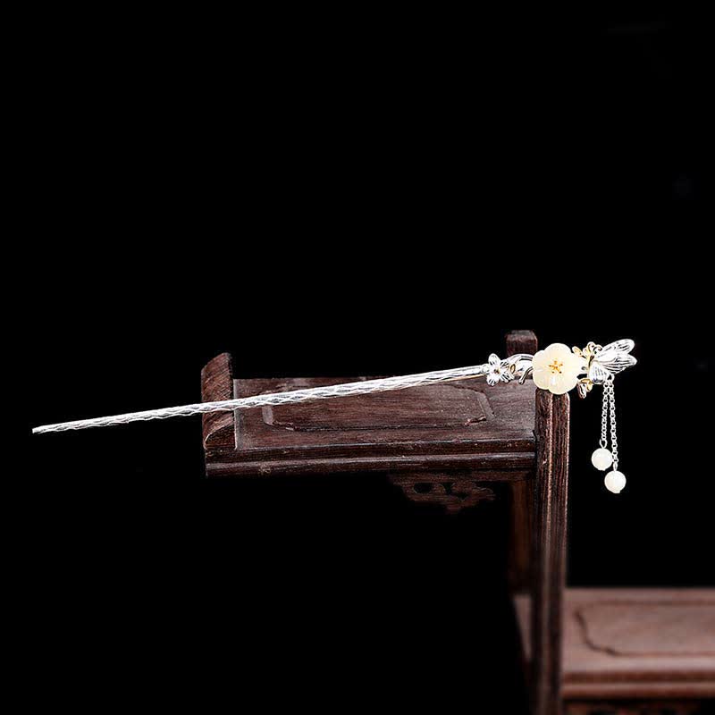 925 Sterling Silver Hetian White Jade Flower Blessing Chinese Hairpin