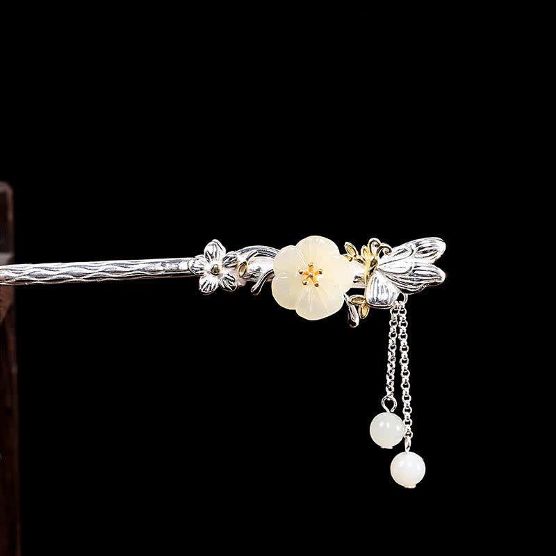 925 Sterling Silver Hetian White Jade Flower Blessing Chinese Hairpin