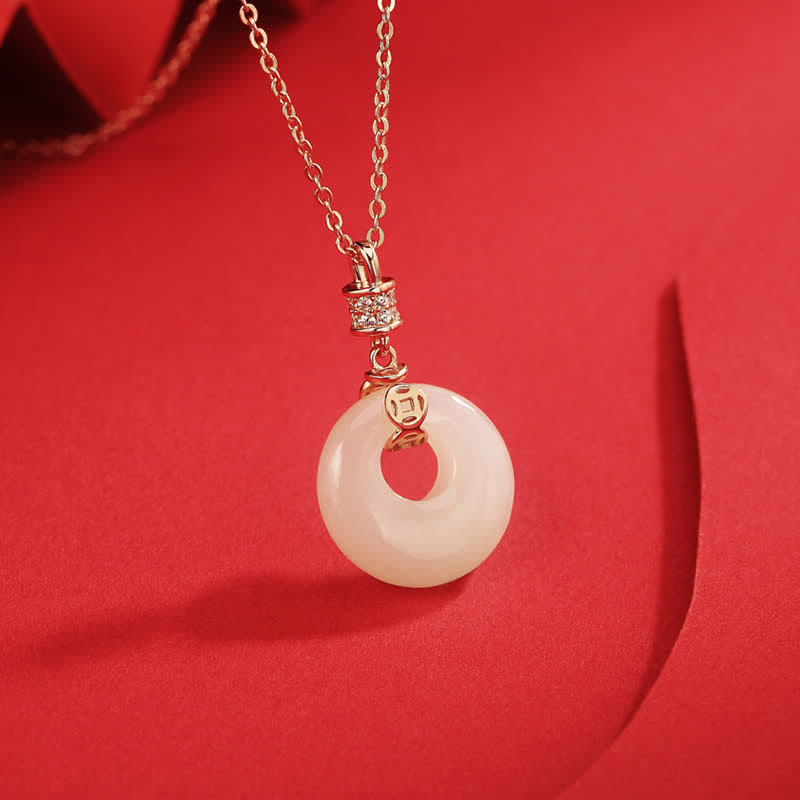 925 Sterling Silver Hetian White Jade Peace Buckle Necklace Unisex