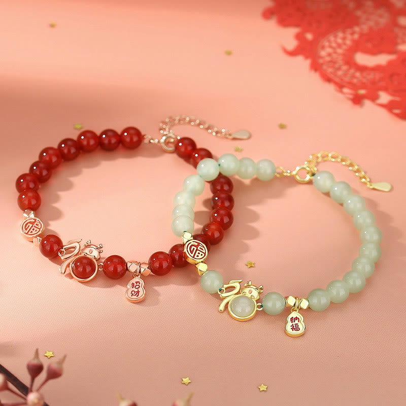 925 Sterling Silver Jade Bracelet with Fu Luck Gourd - Dragon Year