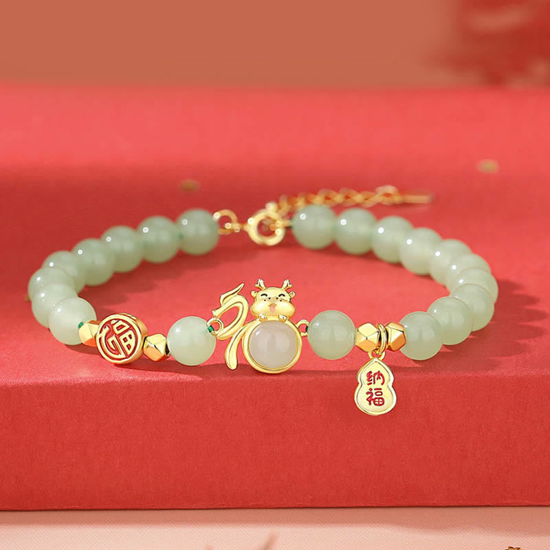 925 Sterling Silver Jade Bracelet with Fu Luck Gourd - Dragon Year