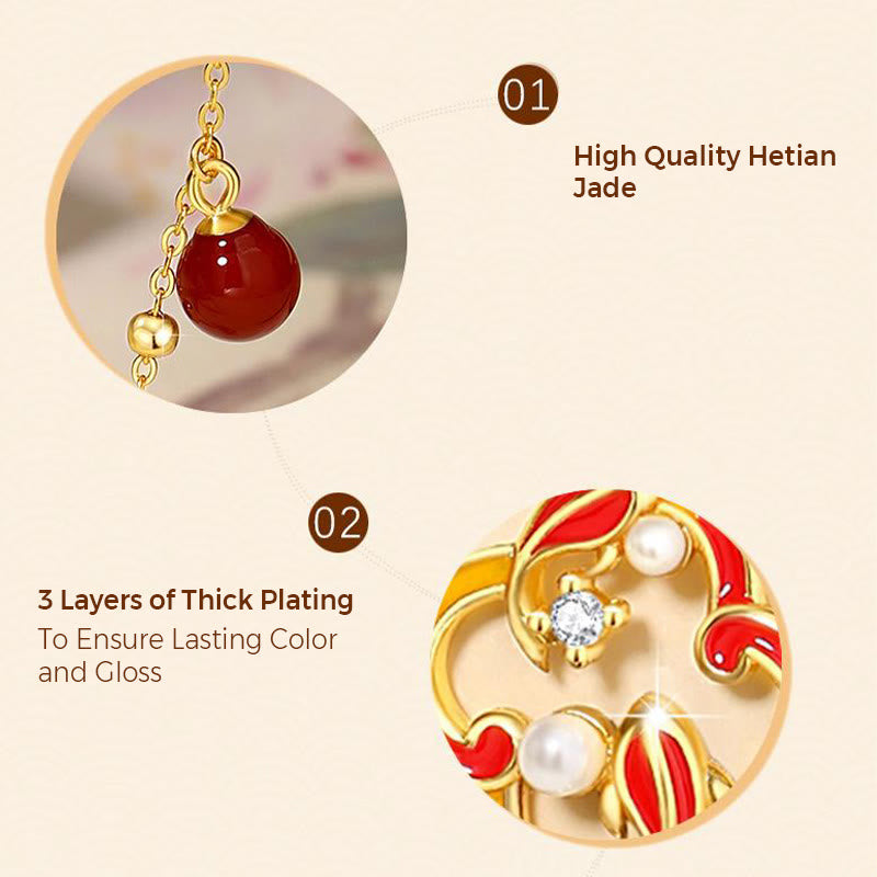 925 Sterling Silver Koi Fish Jewelry Set with Red Agate Pearl