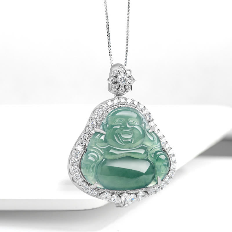 925 Sterling Silver Laughing Buddha Jade Necklace for Luck & Abundance