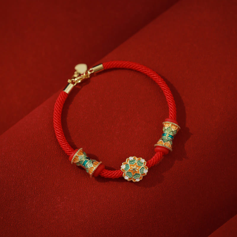 925 Sterling Silver Lotus Drum Bracelet with Red Rope | New Beginnings