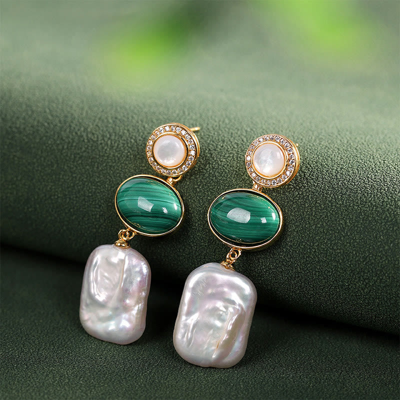 925 Sterling Silver Malachite Baroque Pearl Healing Wisdom Drop Earrings