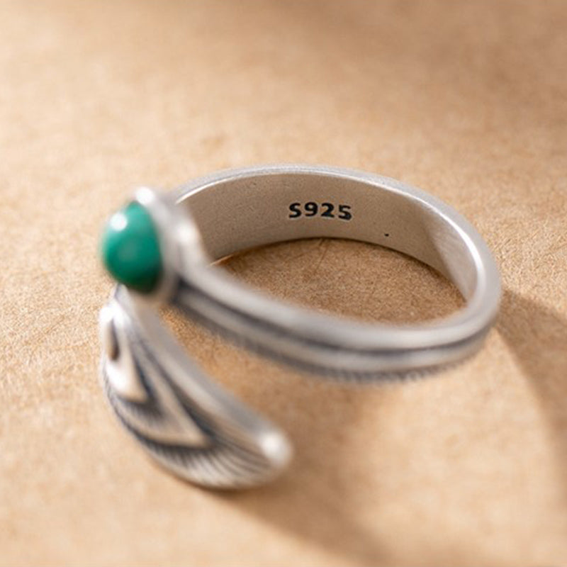 925 Sterling Silver Malachite Protection Ring with Feather Design