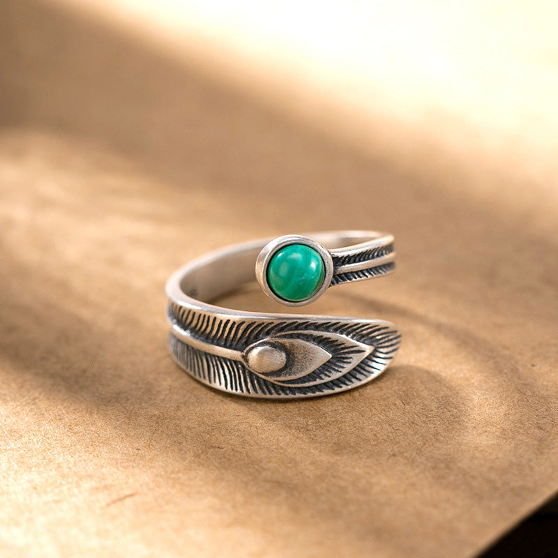 925 Sterling Silver Malachite Protection Ring with Feather Design