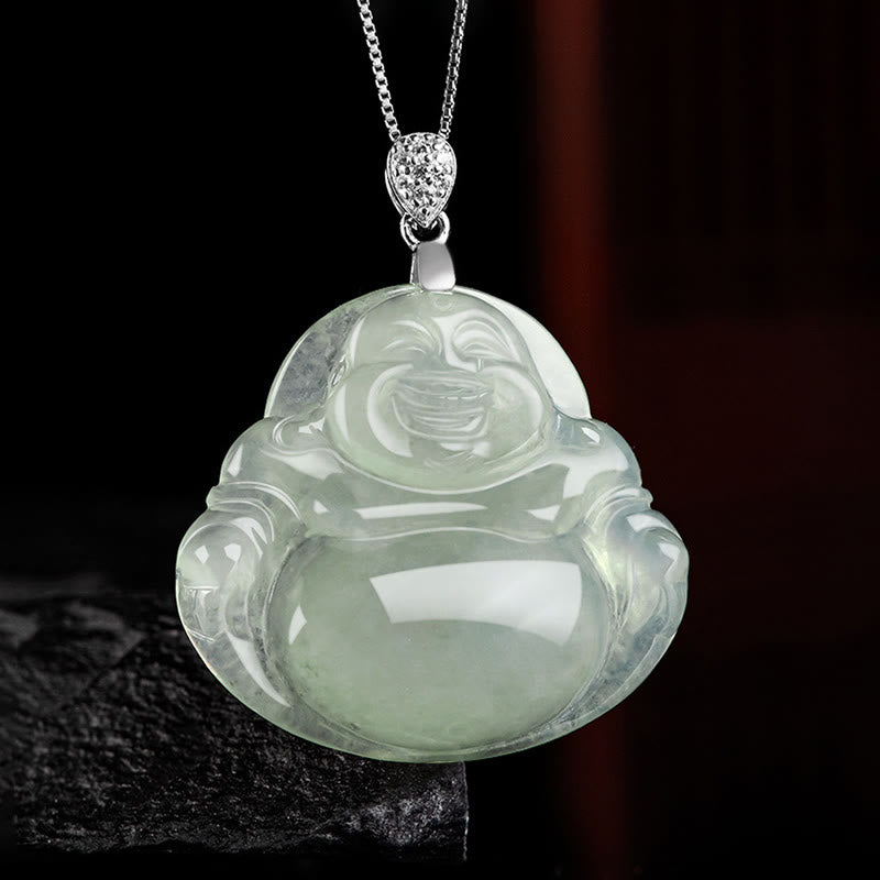 925 Sterling Silver Natural Jade Laughing Buddha Prosperity Necklace