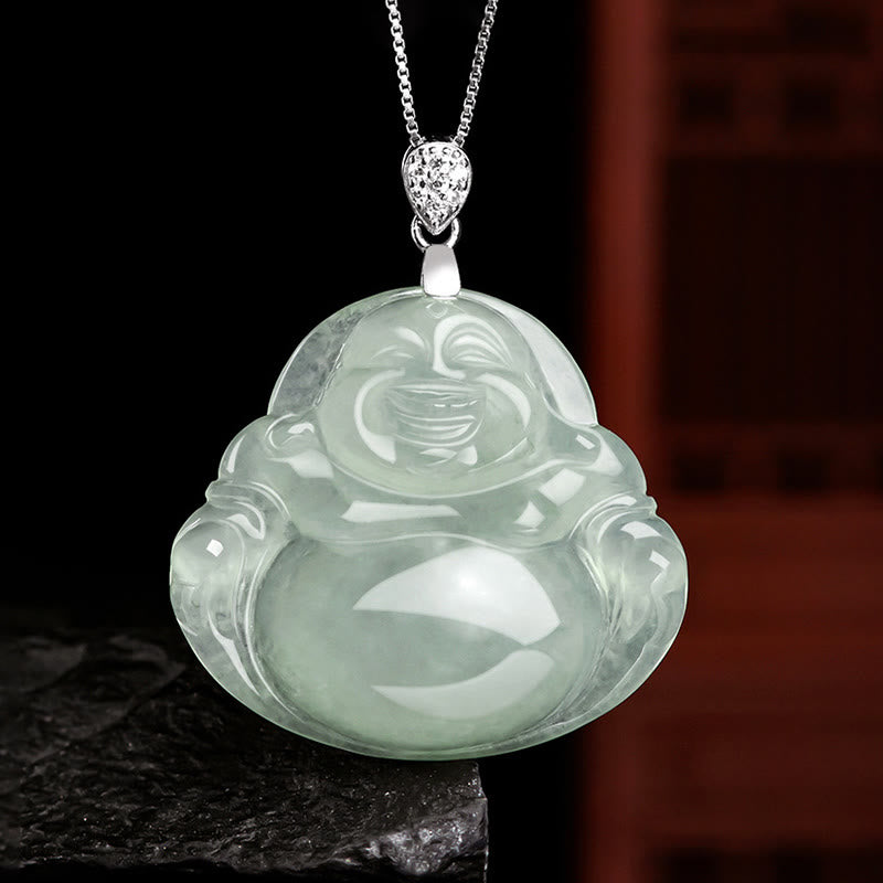 925 Sterling Silver Natural Jade Laughing Buddha Prosperity Necklace