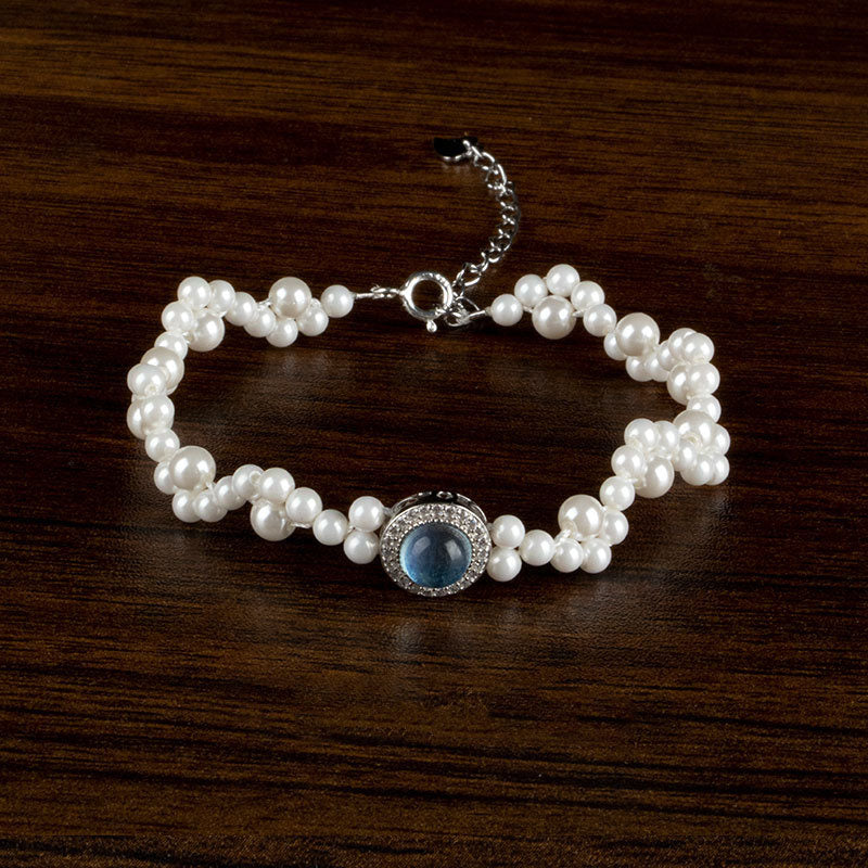 925 Sterling Silver Pearl Blue Chalcedony Healing Bracelet & Ring