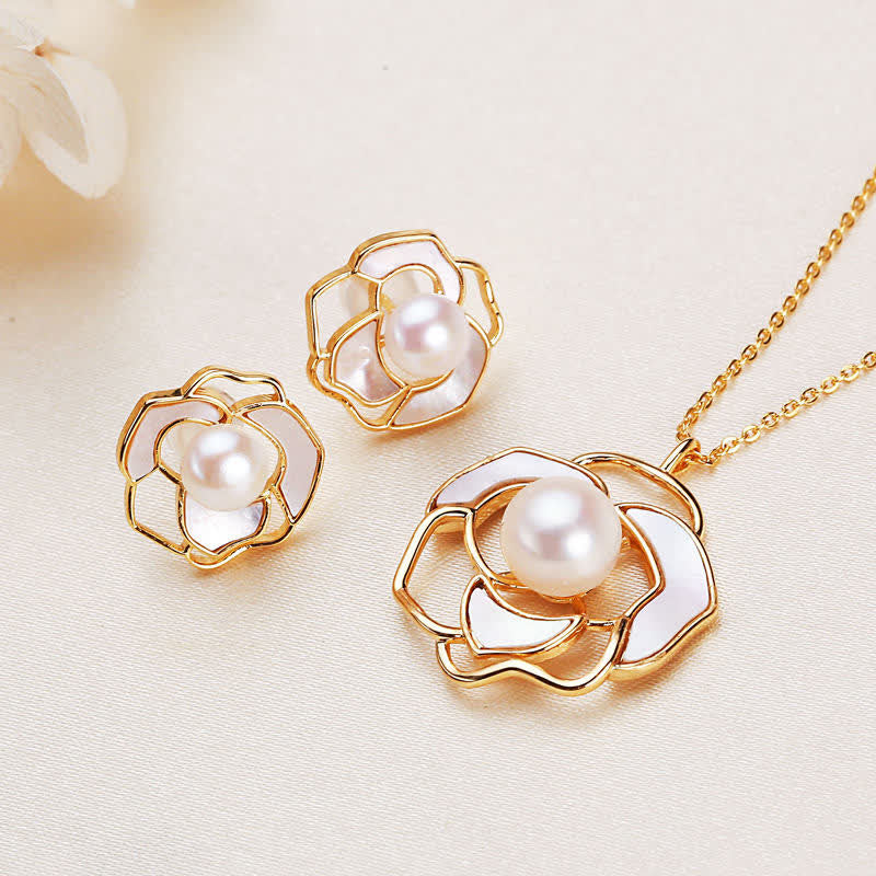 925 Sterling Silver Pearl Camellia Pattern Happiness Necklace & Earrings