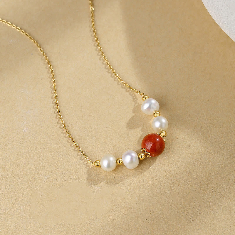 925 Sterling Silver Pearl & Cinnabar Healing Bead Necklace