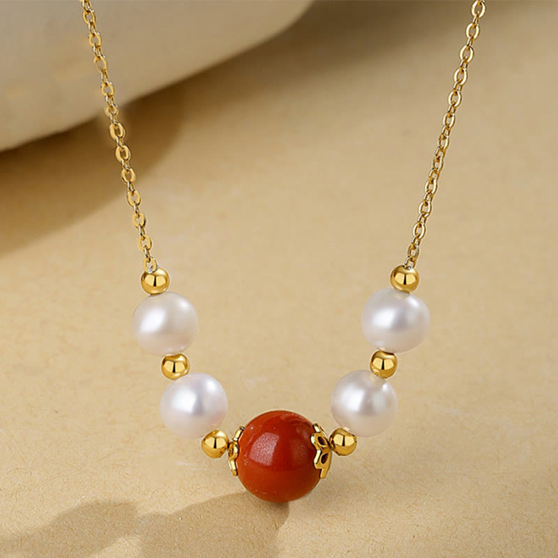 925 Sterling Silver Pearl & Cinnabar Healing Bead Necklace