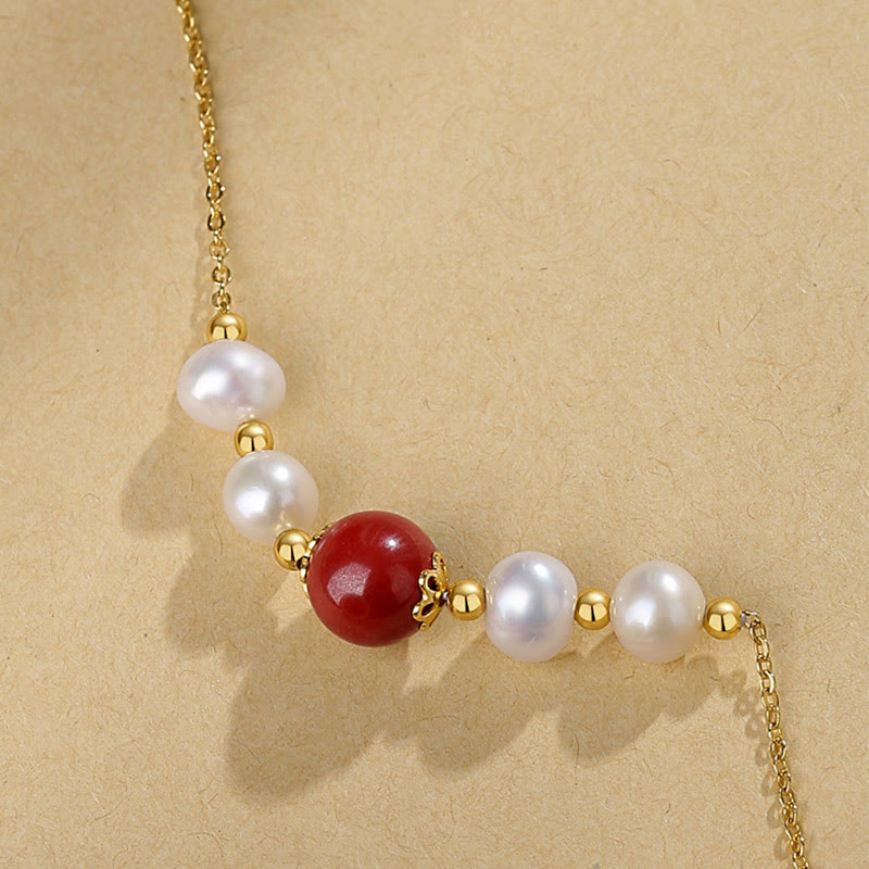 925 Sterling Silver Pearl & Cinnabar Healing Bead Necklace
