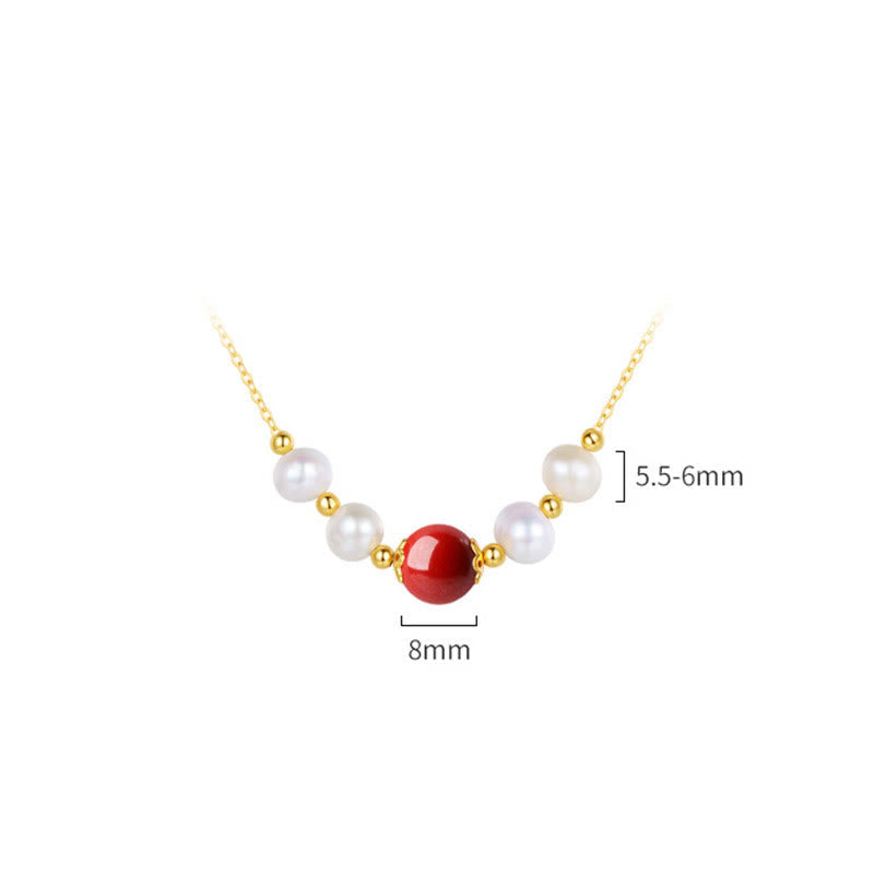 925 Sterling Silver Pearl & Cinnabar Healing Bead Necklace