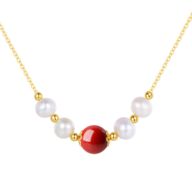 925 Sterling Silver Pearl & Cinnabar Healing Bead Necklace
